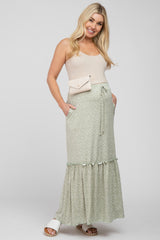 Light Olive Floral Ruffle Accent Maternity Maxi Skirt