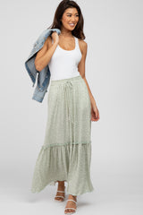 Light Olive Floral Ruffle Accent Maxi Skirt