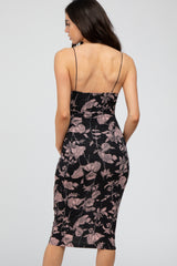 Black Floral Fitted Thin Strap Maternity Midi Dress