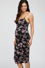 Black Floral Fitted Thin Strap Maternity Midi Dress