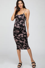 Black Floral Fitted Thin Strap Maternity Midi Dress