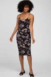 Black Floral Fitted Thin Strap Midi Dress