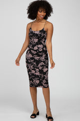 Black Floral Fitted Thin Strap Maternity Midi Dress