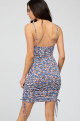 Blue Floral Drawstring Front Ruched Sides Maternity Dress