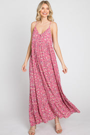 Pink Floral Sleeveless Ruffle Hem Maxi Dress