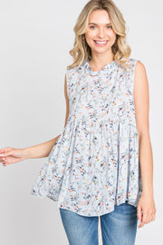 Light Blue Floral Sleeveless Babydoll Top