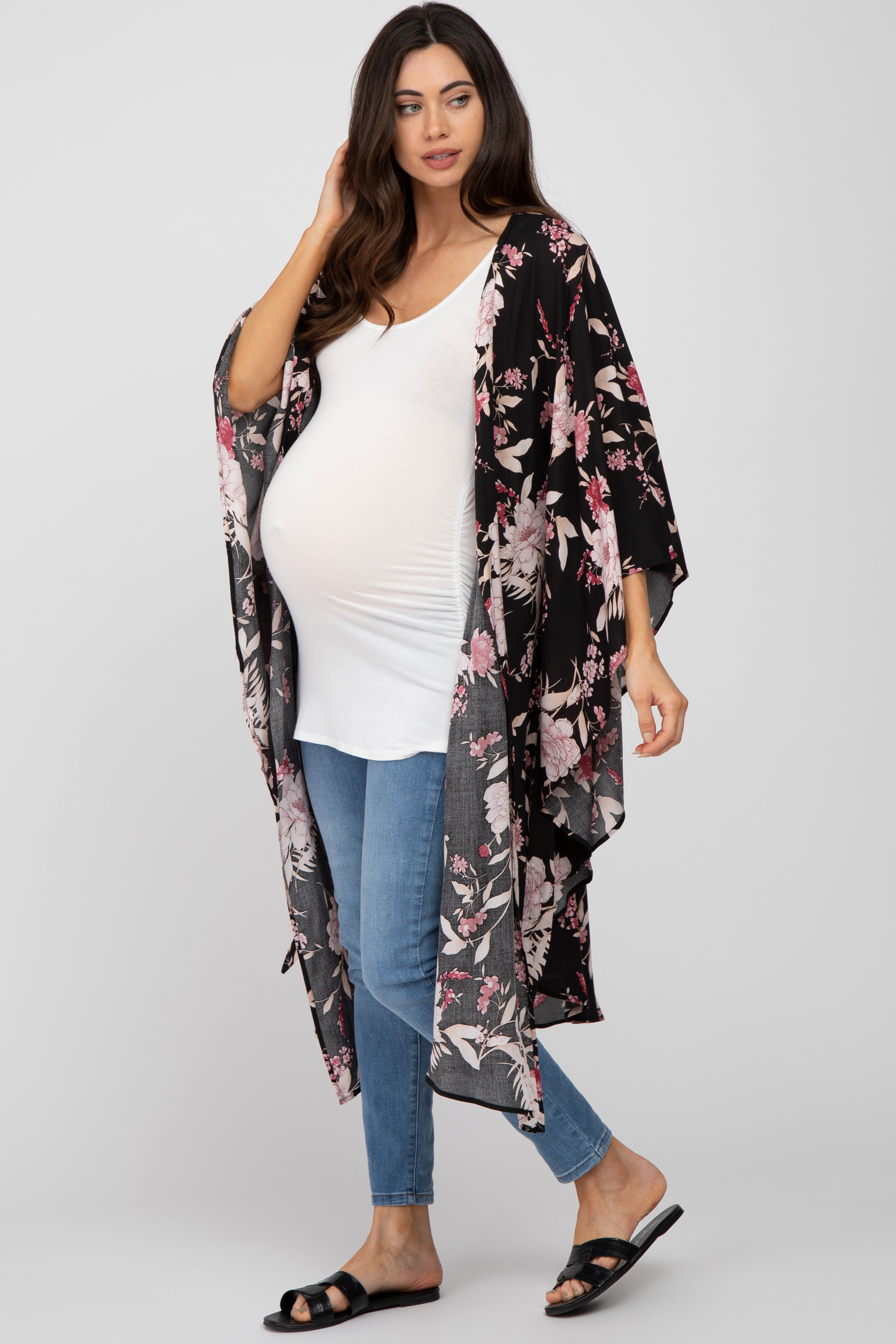 Black Floral Flowy Round Hem Maternity Cover-Up– PinkBlush
