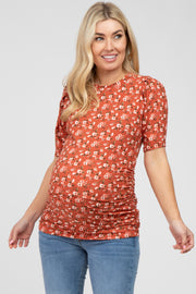 Rust Floral Ruched Ribbed Maternity Top