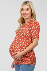 Rust Floral Ruched Ribbed Maternity Top