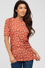 Rust Floral Ruched Ribbed Top