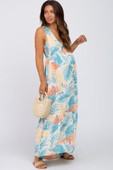 Multicolor Leaf Print Sleeveless Maternity Maxi Dress