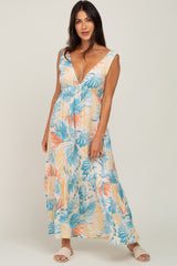 Multicolor Leaf Print Sleeveless Maternity Maxi Dress