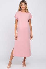 Pink Basic Side Slit Maternity Maxi Dress