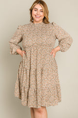 Beige Floral Shirred Mock Neck Plus Dress