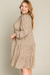 Beige Floral Shirred Mock Neck Plus Dress