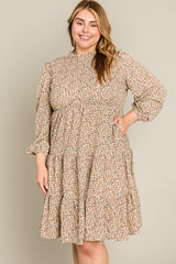 Beige Floral Shirred Mock Neck Plus Dress