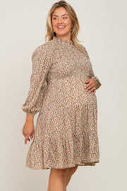 Beige Floral Shirred Mock Neck Maternity Plus Dress