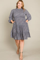 Blue Floral Shirred Mock Neck Plus Dress