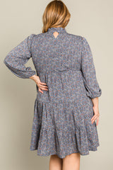 Blue Floral Shirred Mock Neck Plus Dress