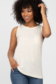 Beige Striped Pocket Front Sleeveless Top