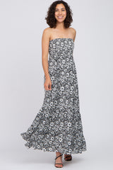 Black Floral Strapless Smocked Maternity Maxi Dress