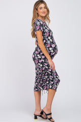 Black Floral Fitted Ruched Maternity Midi Dress