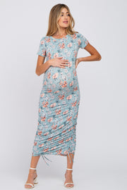 Light Blue Floral Fitted Ruched Maternity Midi Dress