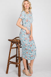 Light Blue Floral Fitted Ruched Midi Dress