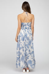 Blue Floral Halter Neck Tie Maternity Maxi Dress