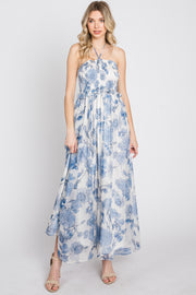 Blue Floral Halter Neck Tie Maxi Dress