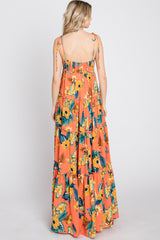 Coral Floral Shoulder Tie Tiered Maxi Dress