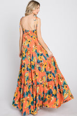 Coral Floral Shoulder Tie Tiered Maxi Dress