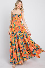 Coral Floral Shoulder Tie Tiered Maxi Dress