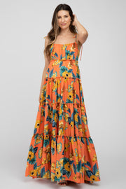 Coral Floral Shoulder Tie Tiered Maternity Maxi Dress