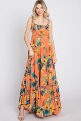 Coral Floral Shoulder Tie Tiered Maxi Dress