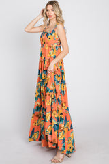 Coral Floral Shoulder Tie Tiered Maxi Dress