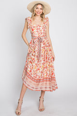 Rust Paisley Floral Waist Tie Midi Dress