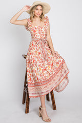 Rust Paisley Floral Waist Tie Midi Dress