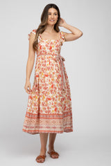 Rust Paisley Floral Waist Tie Maternity Midi Dress