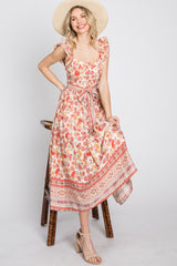 Rust Paisley Floral Waist Tie Midi Dress