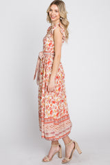 Rust Paisley Floral Waist Tie Midi Dress