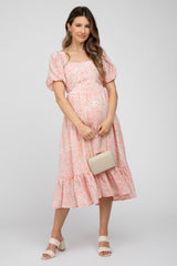 Pink Floral Puff Sleeve Maternity Midi Dress