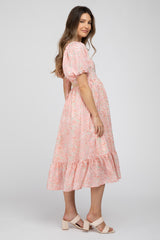 Pink Floral Puff Sleeve Maternity Midi Dress