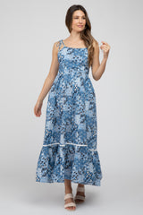 Blue Floral Shoulder Tie Maternity Maxi Dress