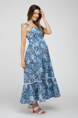 Blue Floral Shoulder Tie Maternity Maxi Dress