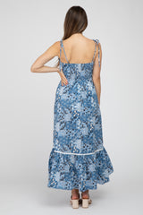 Blue Floral Shoulder Tie Maternity Maxi Dress