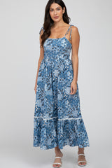 Blue Floral Shoulder Tie Maternity Maxi Dress