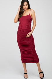 Burgundy Ruched Fitted Maternity Maxi Dress