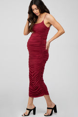 Burgundy Ruched Fitted Maternity Maxi Dress