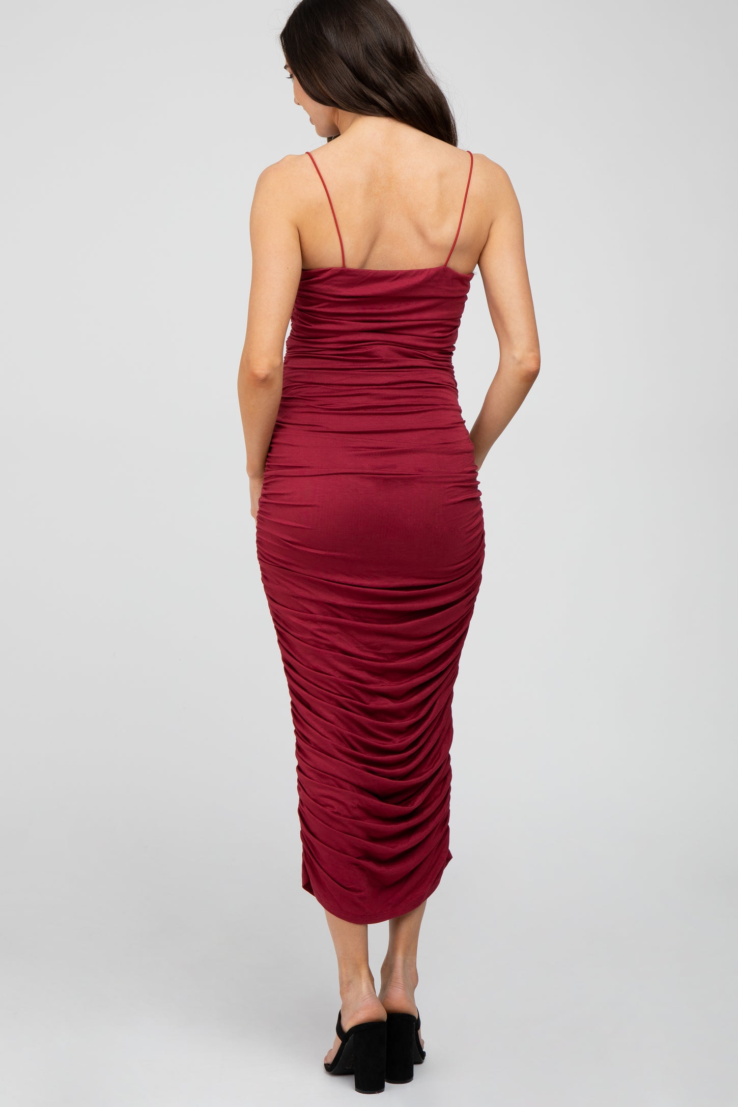 Burgundy Ruched Fitted Maternity Maxi Dress– PinkBlush
